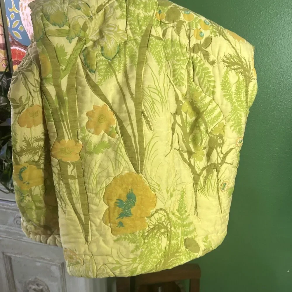 Vintage 70s Floral Besdpread mid century Poppies Yellow Green Orange 76x91